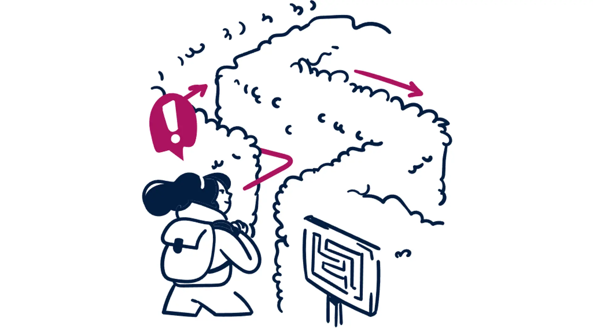 Eine Frau mit Rucksack geht in ein Labyrinth. Pinke Pfeile weisen ihr den Weg durch Hecken.