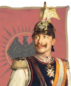 Wilhelm in Uniform mit Pickelhaube und Kaiser-Wilhelm-Bart, im Hintergrund rotes Banner mit schwarzem Adler