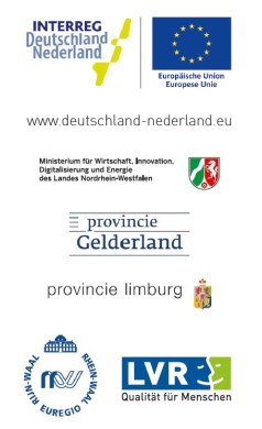 Logo von INTERREG Deutschland mit Europäische Union, MWIDE des Landes NRW, Provincie Gelderland, Provincie Limburg, Euregio Rhein-Waal und LVR