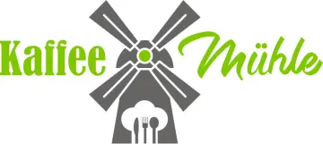DDas Bild zeigt das Logo der KaffeeMühle mit einer Mühle, dem Schriftzug KaffeeMühle und der Adresse