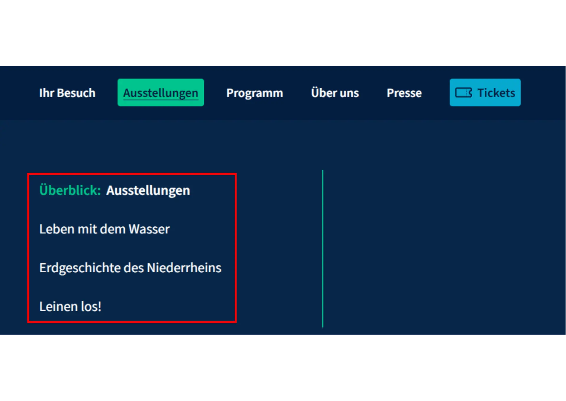 Das Bild zeigt den Menüpunkt "Ausstellungen".