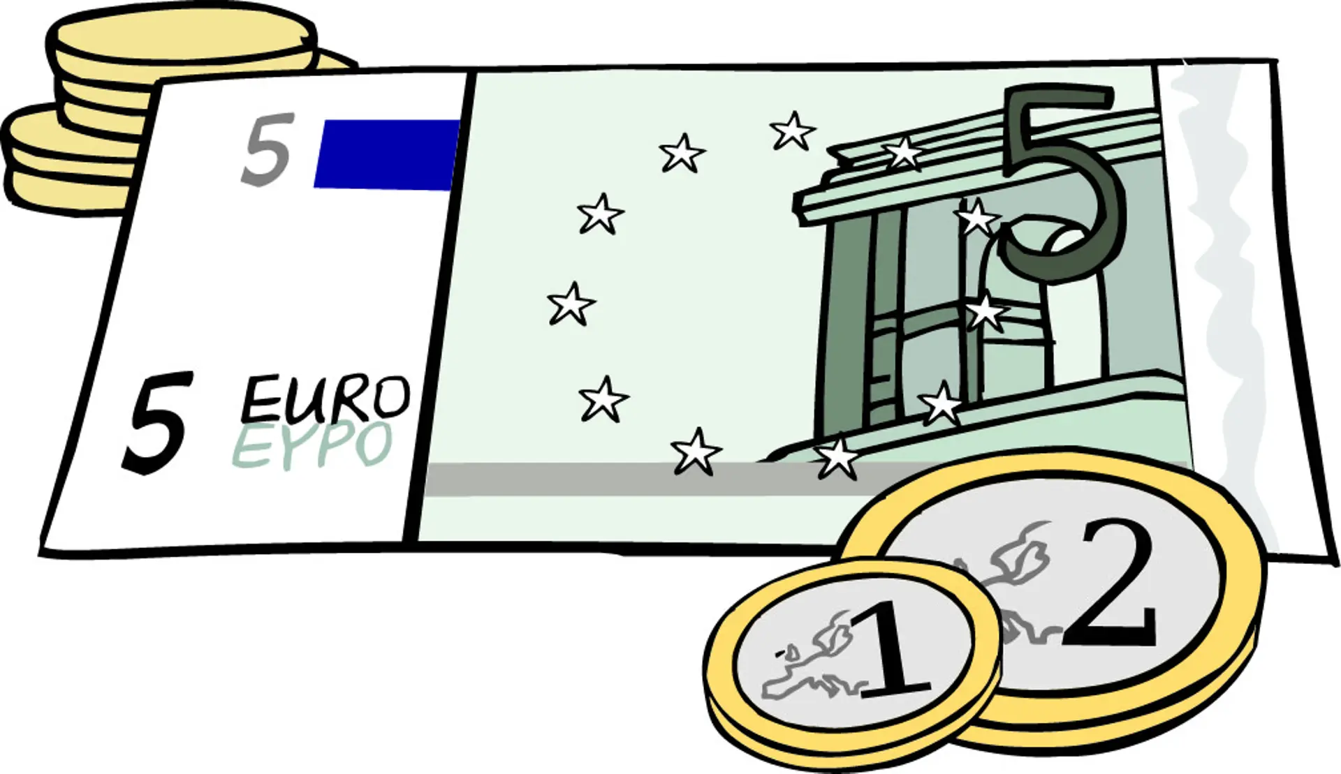 Zeichnung eines 5 Euro Geldscheins und mehrerer Euro Münzen.