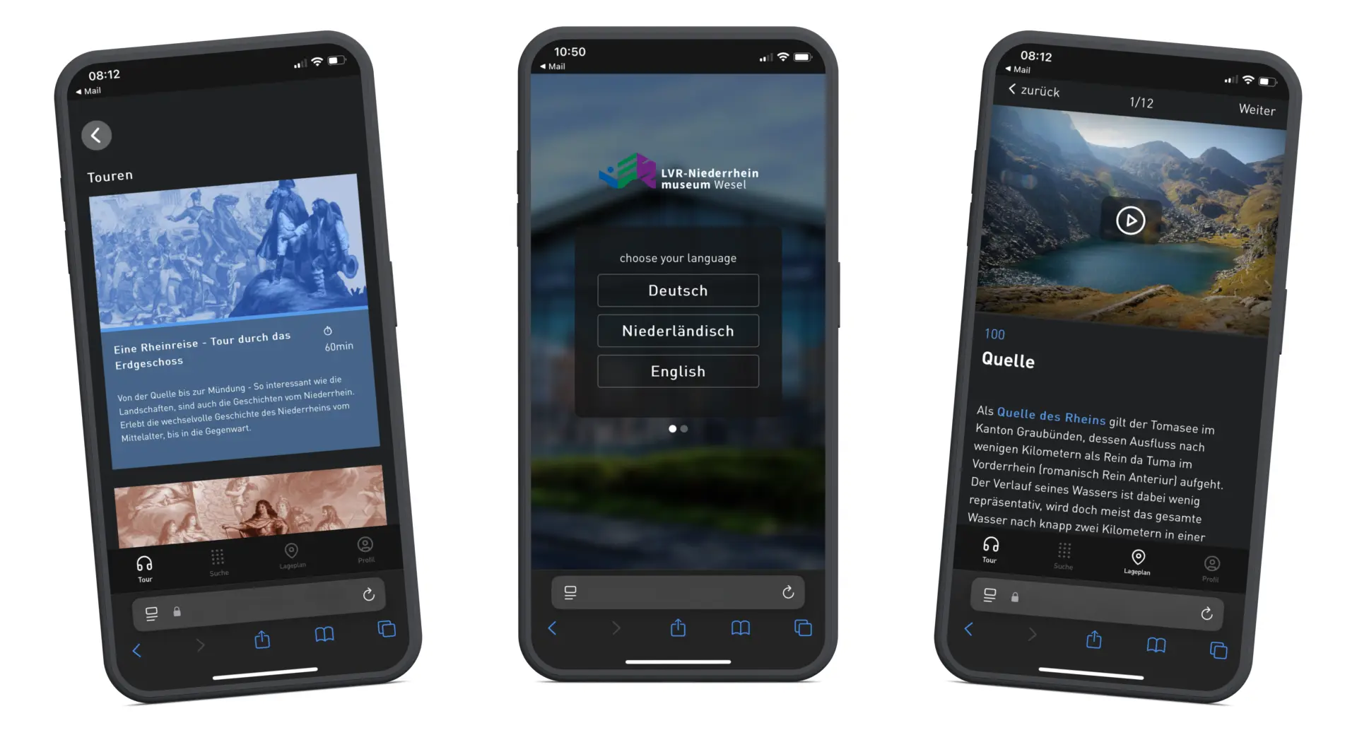 Das Bild zeigt verschiedene Ausschnitte des Mediaguides auf dem Smartphone