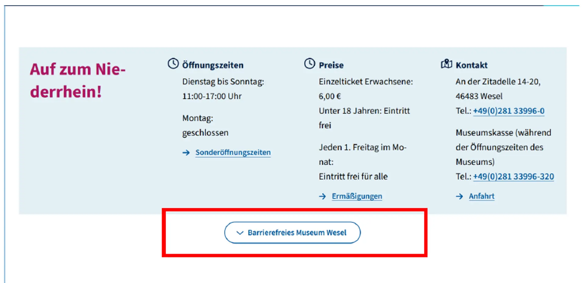Das Bild zeigt Informationen zum Barrierefreien Museum.