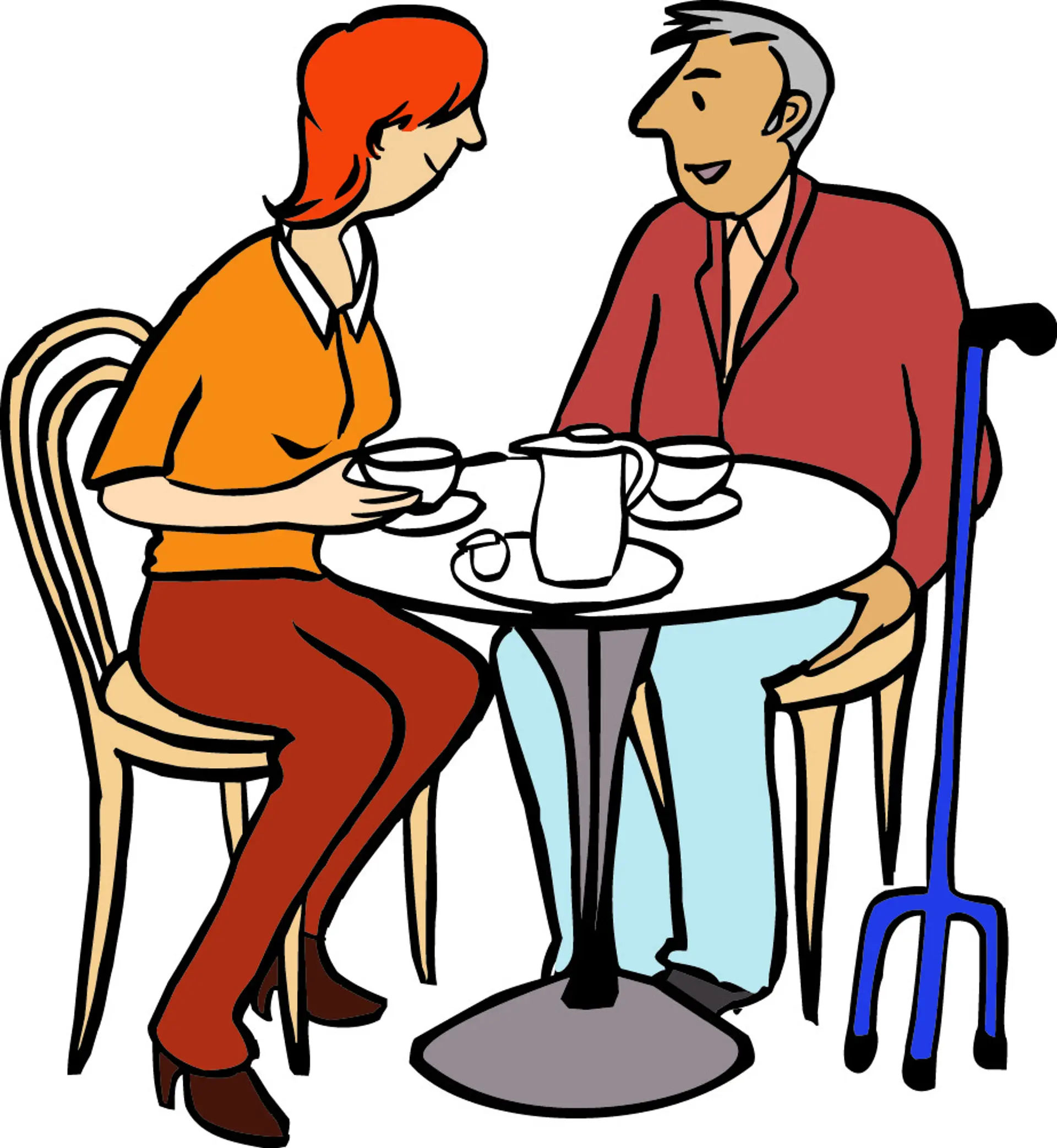 Zeichnung einr Frau und eines Mannes, die zusammen an einem Tisch sitzen und Kaffee trinken.