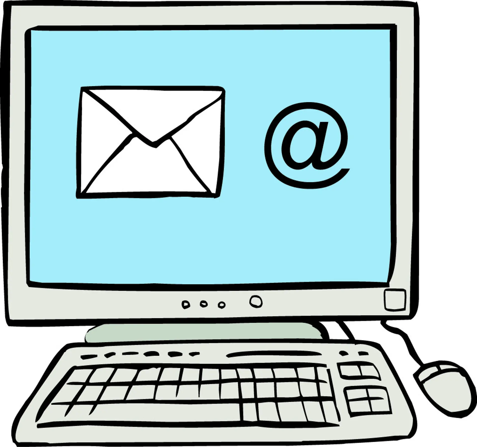 Computer mit Tastatur und Bildschirm. Auf dem Bildschirm steht das E-Mail Symbol.