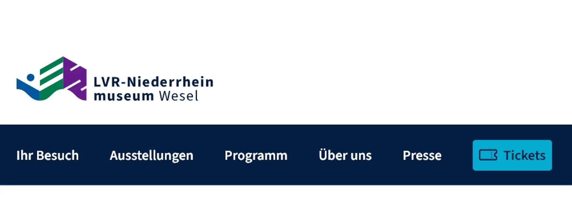 Grafik mit dem Logo des LVR-Niederrheinmuseums und den Wörtern Ihr Bsuch, Austellungen, Programm, Über uns, Presse, Tickets