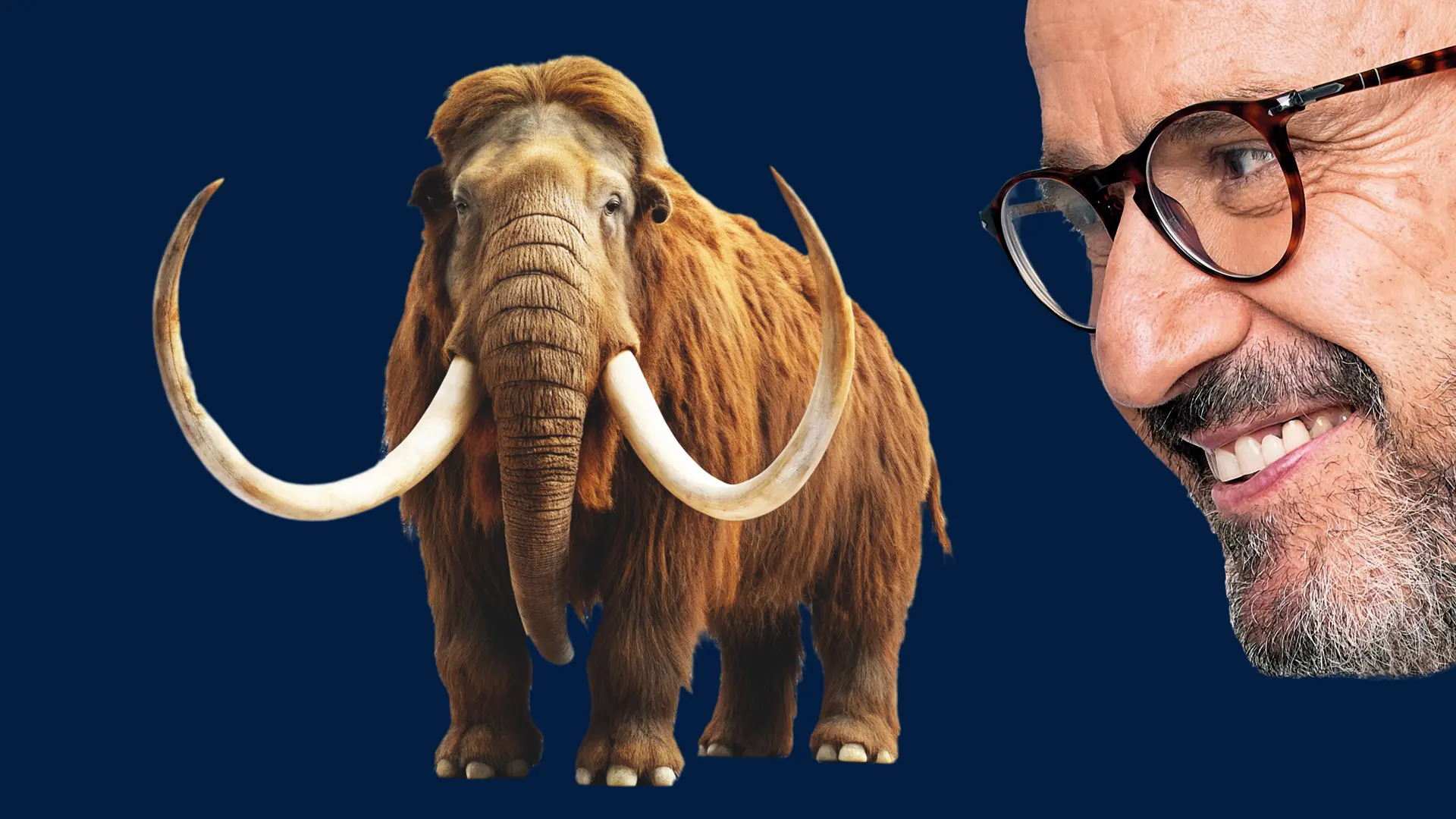 Das Bild mit dem Gesicht eines Mannes und einem Mammut und dem Wort Entdecken. Der Mann blickt auf das Mammut. Im Hintergrund verläuft ein Fluss